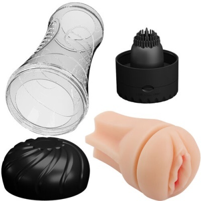 Masturbador masculino de várias peças em preto transparente e cor de pele