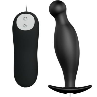 Vibrador preto em silicone com base em T e comando remoto preto com botões ON/OFF e 12
