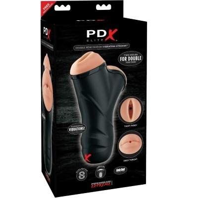 Caixa preta com produto PDX Elite Double Penetration Vibrating Stroker em preto e bege com duas aberturas e texto descritivo