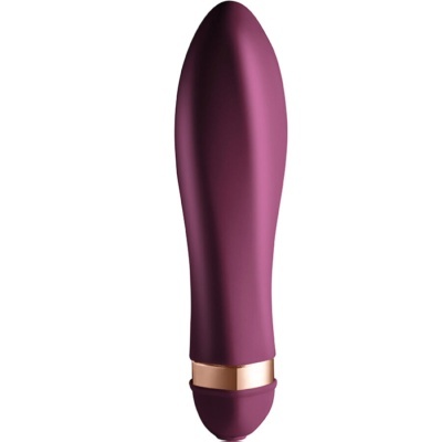 Vibrador roxo em silicone com base dourada em fundo branco