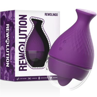 Dispositivo roxo texturizado em silicone com embalagem branca e roxa REWOLUTION REWOLINGO