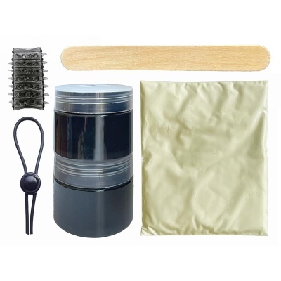 Kit de aplicação capilar com palito, recipiente preto, pacote dourado, prendedor e esponja preta