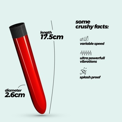 Objeto vermelho cilíndrico com tampa preta e texto descritivo ao lado