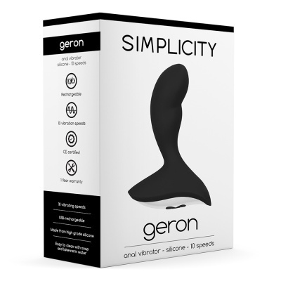 Caixa branca com vibrador anal preto de silicone geron com 10 velocidades