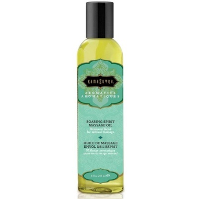 Frasco de óleo para massagem aromático Kamasutra Soaring Spirit com etiqueta verde