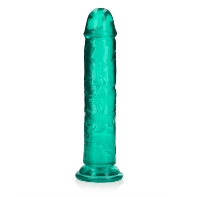 Prótese sexual verde translúcida em gel com textura e base larga