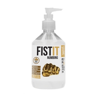 frasco doseador transparente com tampa branca e rótulo FIST IT NUMBING