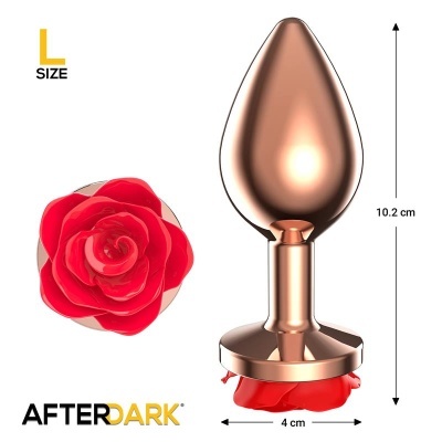 Plug anal metálico cobre com base rosa vermelha e texto Size L Afterdark