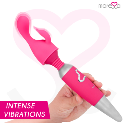 Vibrador cor-de-rosa com detalhes cinza e duas extremidades distintas, texto INTENSE VIBRATIONS