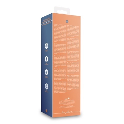 Embalagem de vibrador Rabbit de silicone com várias informações escritas e ícones na lateral
