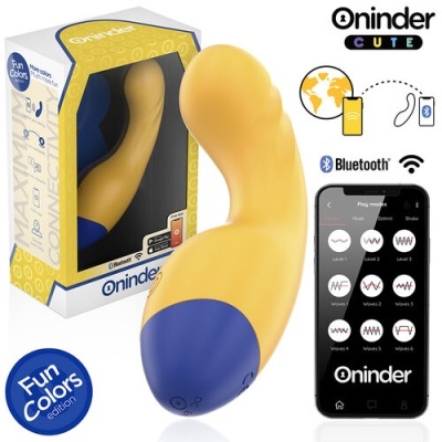 Vibrador amarelo com base azul Oninder CUTE com smartphone mostrando controlo via app e embalagem ao lado.