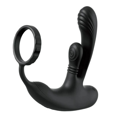 Produto adulto em silicone preto com anel e duas extensões texturizadas