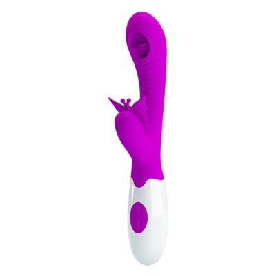 Vibrador rosa com detalhe de borboleta e base branca com botões