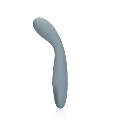 Vibrador cinza curvo em silicone com textura ondulada na ponta
