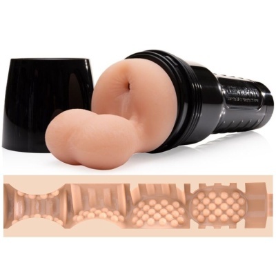Brinquedo sexual masculino com textura interna detalhada e tampa preta