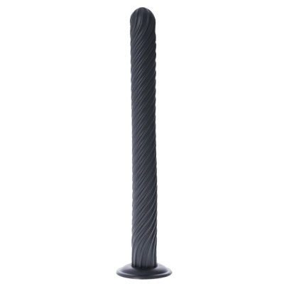 Objeto cilíndrico preto com textura em espiral sobre fundo branco