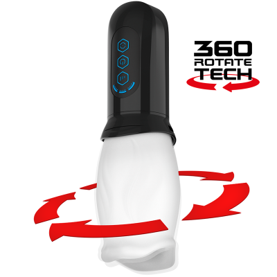 Dispositivo preto e branco com botões azuis e texto 360 ROTATE TECH