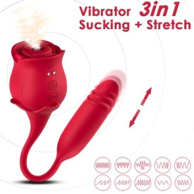 Vibrador vermelho em forma de rosa com controle e extensão ondulada