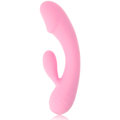 Vibrador rosa em silicone com duas extremidades, fundo branco