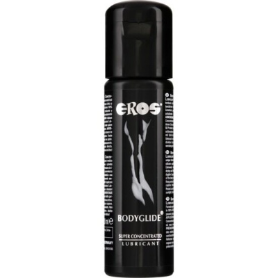 Frasco preto de lubrificante corporal Eros com texto e ilustração branca