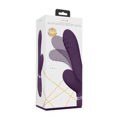 Embalagem de vibrador roxo de silicone com texto Vive e selo Best New Product Range