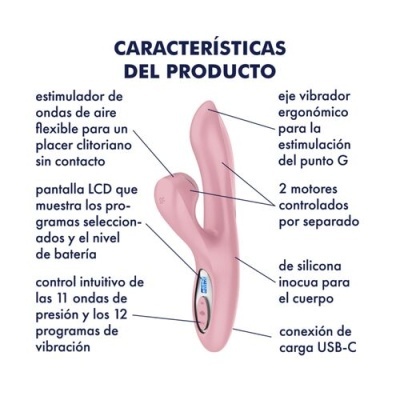 Imagem de estimulador rosa em silicone com ecrã LCD e várias funcionalidades descritas