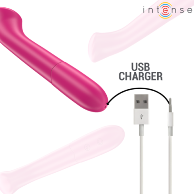 Vibrador cor de rosa com cabo USB para carregamento e texto ao fundo