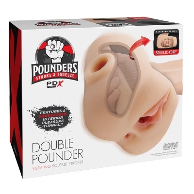Embalagem de produto adulto Double Pounder, cor bege, com texto e design destacando túnel interior e função vibratória