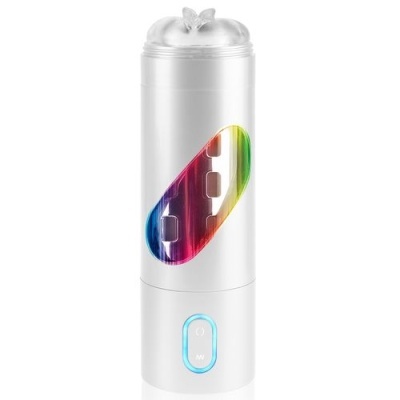 Dispositivo cilíndrico branco com luzes de LED coloridas e botão azul