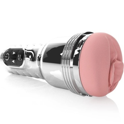 Dispositivo sexual masculino metálico com controle negro e extremidade rosa texturizada