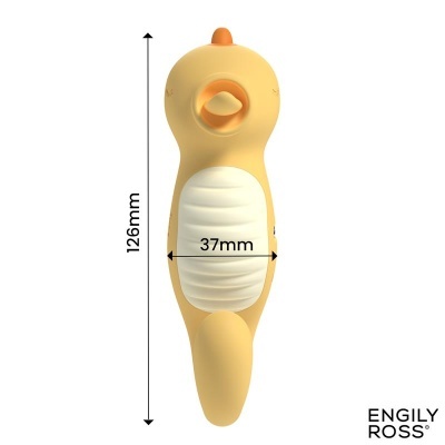 Brinquedo amarelo em forma de pato com barriga branca acolchoada e medidas indicadas
