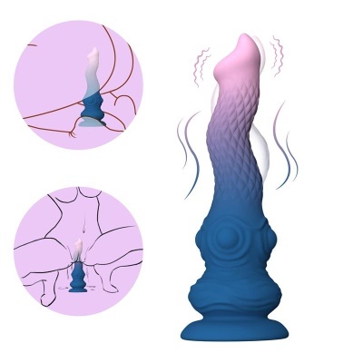 Vibrador em silicone rosa e azul com textura e base larga