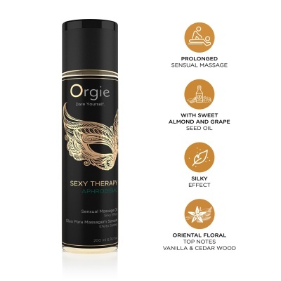 Frasco preto elegante de óleo para massagem sensual com design dourado de máscara e texto em inglês em fundo branco
