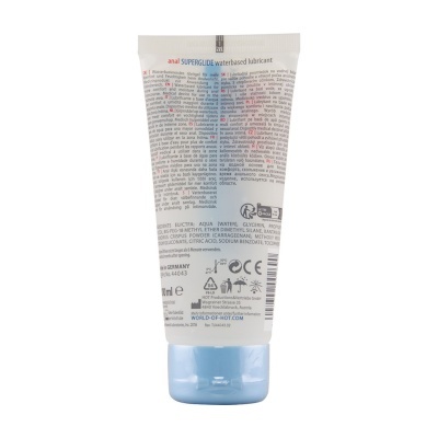 Frasco de lubrificante à base de água com tampa azul claro e texto multilingue