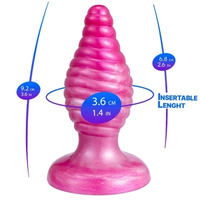 Plug anal rosa com textura espiral e dimensões em cm e polegadas
