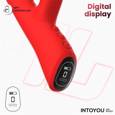 Produto vermelho com ecrã digital e botões em fundo branco