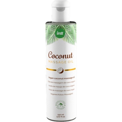Frasco de óleo de massagem de coco vegan branco com tampa branca e rótulo com folhas verdes