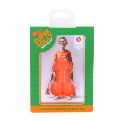 Chaveiro laranja em forma fálica com embalagem verde e ilustração