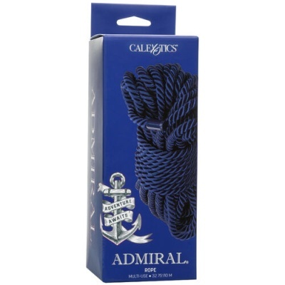 Embalagem azul com corda azul e preta enrolada e texto promocional.