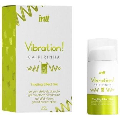 Gel Vibration! Caipirinha intt em embalagem branca e verde com texto e ilustração