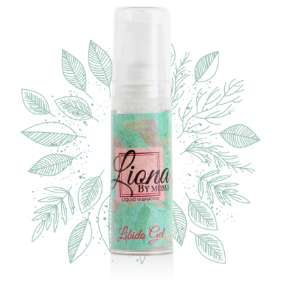 Frasco pequeno de Gel Libido Liana BY MOMA com tampa transparente e fundo decorativo de folhas.