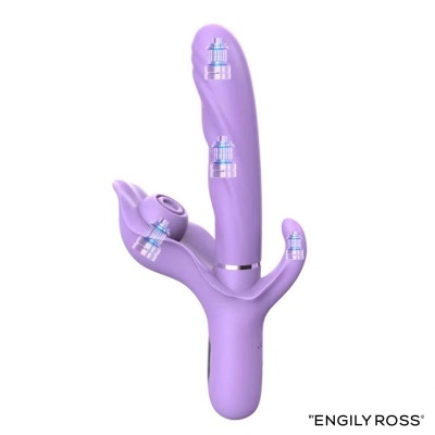 Vibrador lilás de silicone com múltiplos estimuladores em fundo branco