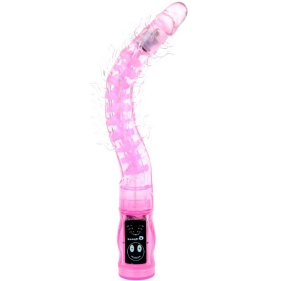 vibrador curvado rosa translúcido com textura e painel de controlo