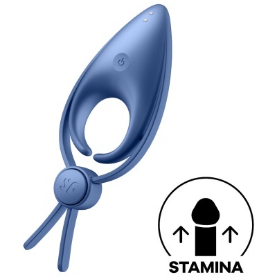 Anel vibratório azul com botão de energia e cordão ajustável e ícone de pênis com setas e texto STAMINA