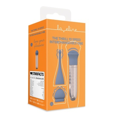 Caixa laranja com vibrador prateado e acessórios azuis intercambiáveis