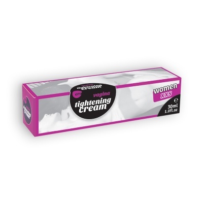 Embalagem de vaginal tightening cream cor-de-rosa e branca com texto e imagem a preto e branco