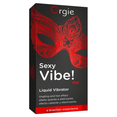 Embalagem preta com máscara vermelha decorativa e texto multilingue para vibrador líquido