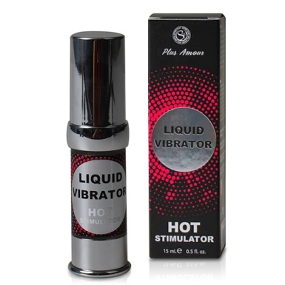 Frasco prateado com rótulo LIQUID VIBRATOR e embalagem preta com texto igual e padrão de pontos vermelhos.