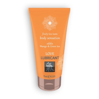 Frasco de lubrificante oral laranja com texto e desenhos brancos