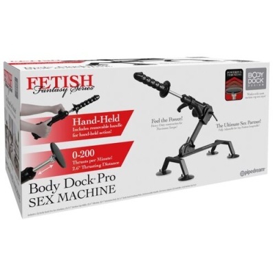 Caixa do produto Fetish Fantasy Series Body Dock Pro Sex Machine com imagem do aparelho preto